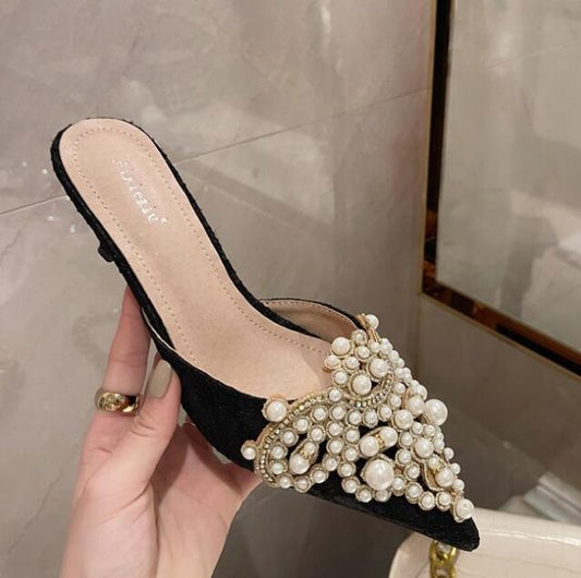 Beaded Pearl Lace Pointed Toe White and Black Kitten Heels