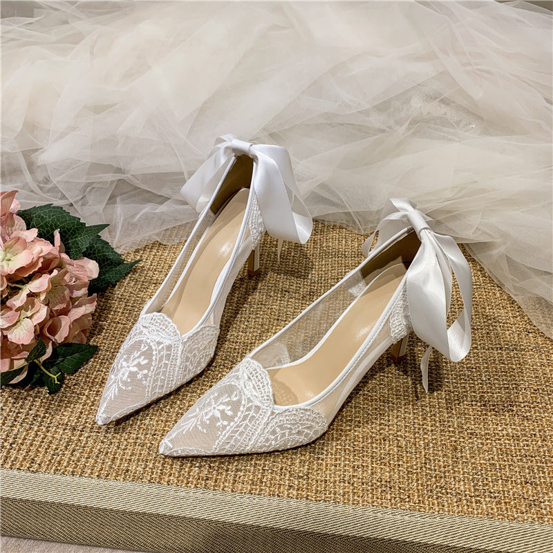 Wedding White Lace Pointed Toe Kitten Heels – Elegant Bridal Shoes