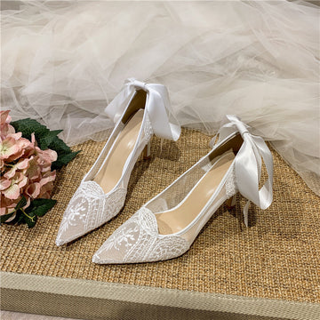 Wedding White Lace Pointed Toe Kitten Heels – Elegant Bridal Shoes