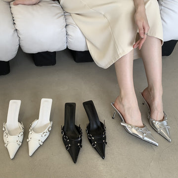 Pointed Stiletto Toe Cap Semi Slipper Belt Buckle