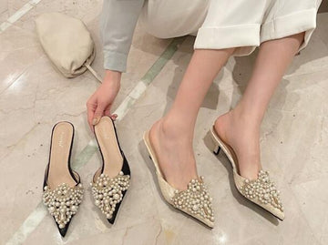 Beaded Pearl Lace Pointed Toe White and Black Kitten Heels