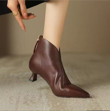 Pointed Toe Kitten Heel Short Boots For Women - Brown